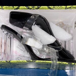 Black Heeled Sandals with Clear Straps